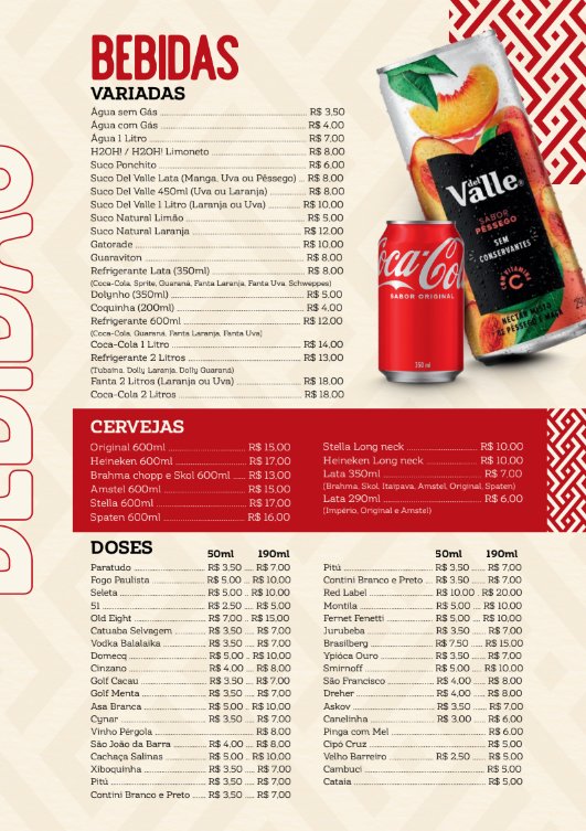 Cardápio de bebidas do Tempero Leve