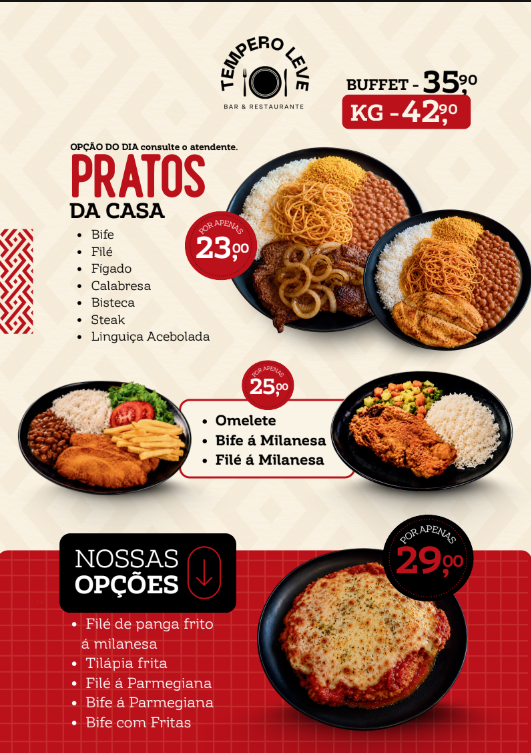 Cardápio de pratos do Tempero Leve